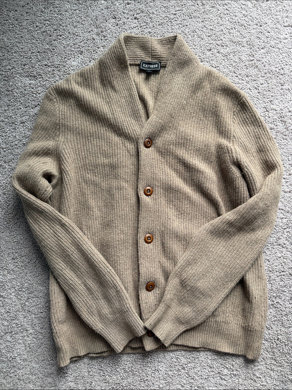 Express Men's Shawl Collar Cardigan Sweater in Beige-Tan